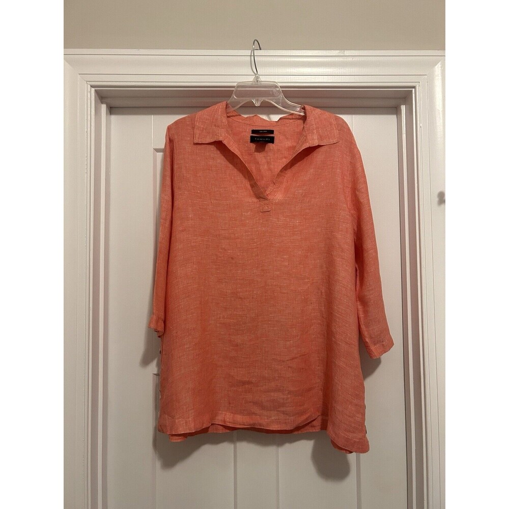 Tahari Women's Heather Coral 100% Linen 3/4 Sleeve Tunic Top Plus Size 1X Curvy